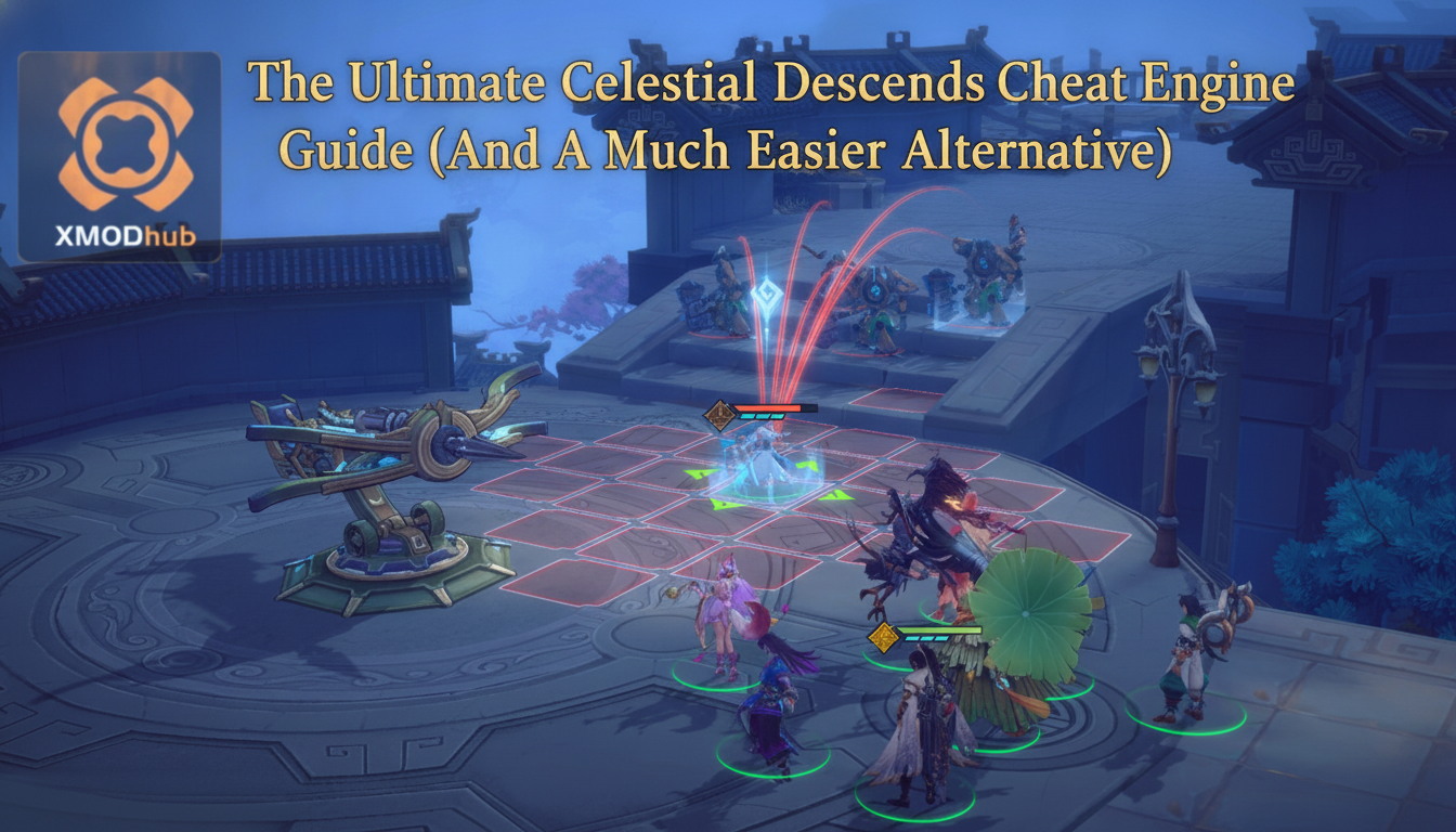 The Ultimate Celestial Descends Cheat Engine guide thumbnail with XMODhub branding.