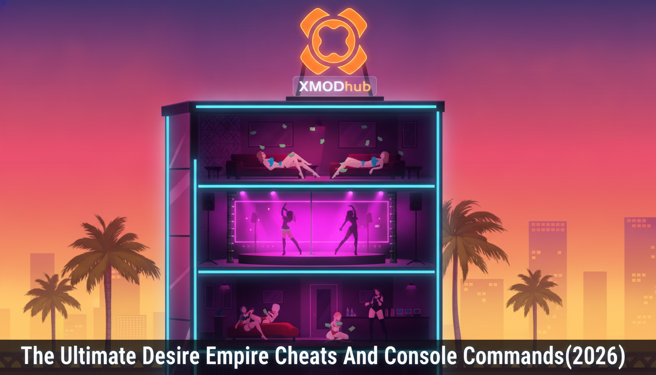 The Ultimate Desire Empire Cheat Engine guide thumbnail with XMODhub branding.