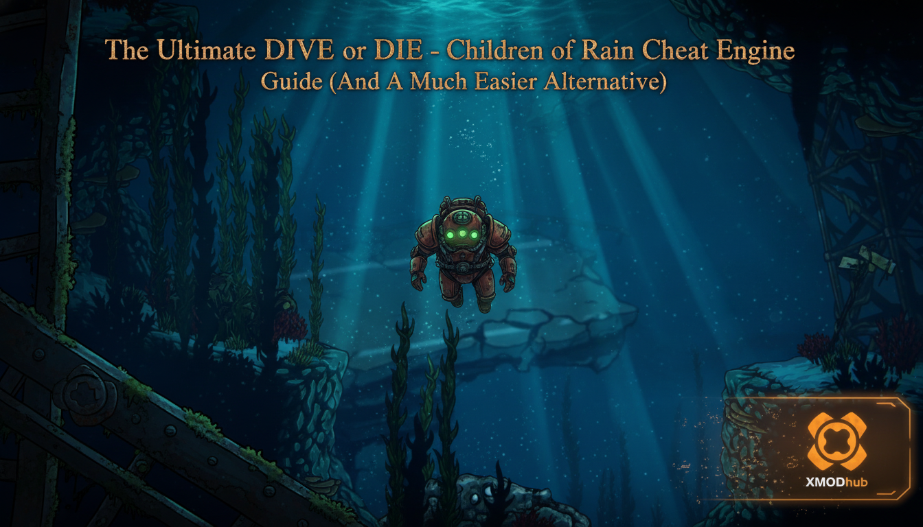 The Ultimate DIVE or DIE - Children of Rain Cheat Engine Guide thumbnail with XMODhub branding