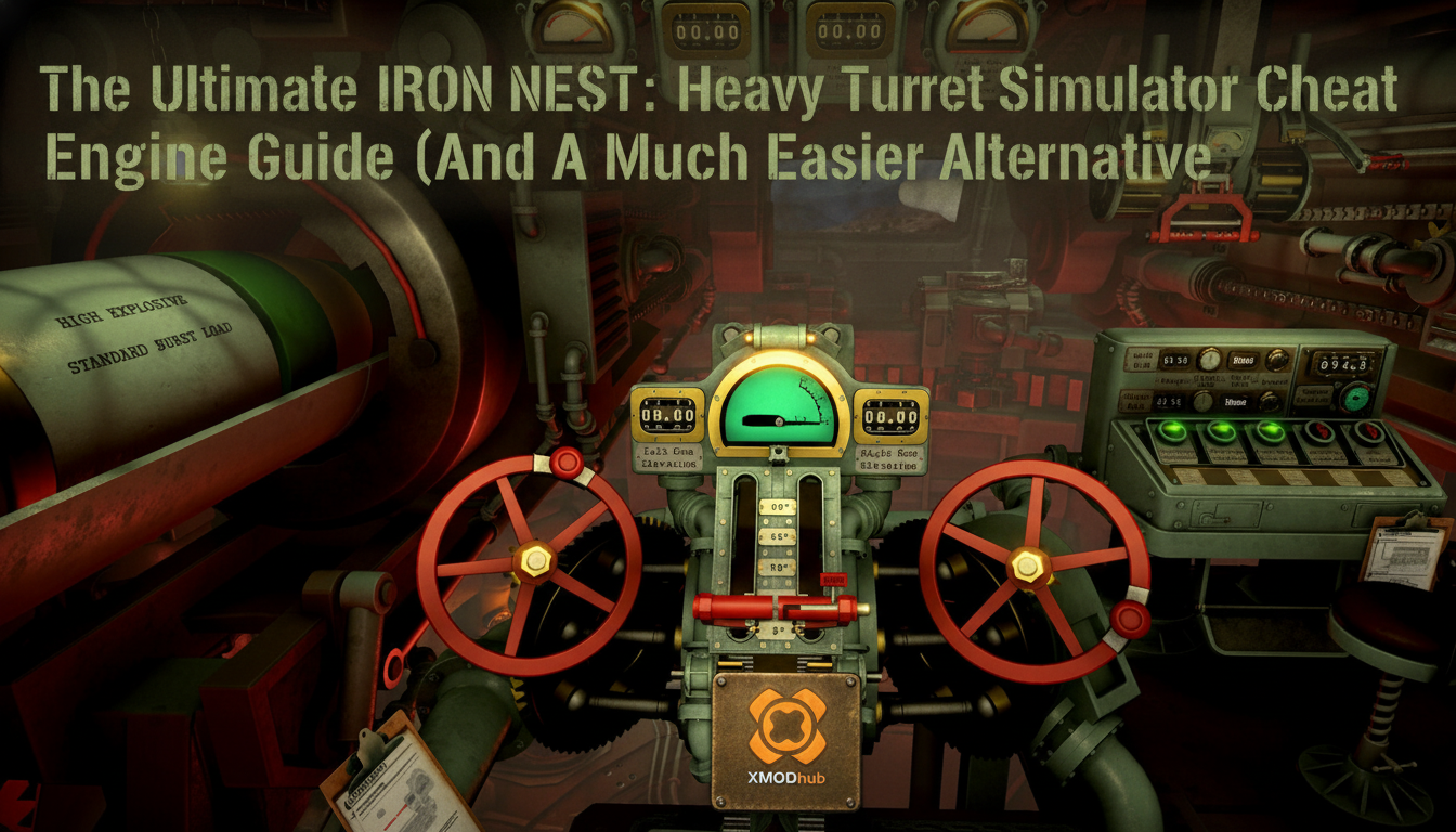 The Ultimate IRON NEST: Heavy Turret Simulator Cheat Engine guide thumbnail with XMODhub branding.