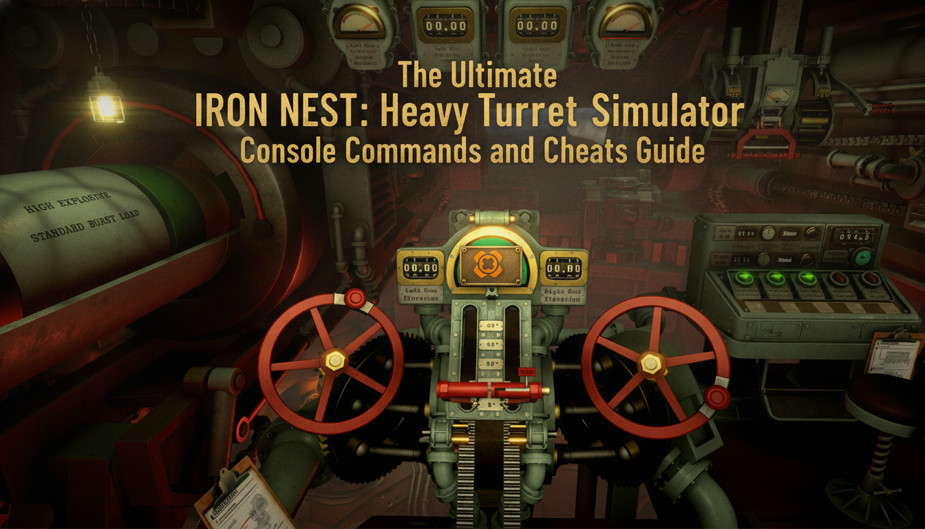 The Ultimate IRON NEST: Heavy Turret Simulator console commands and cheats guide thumbnail with XMODhub branding.