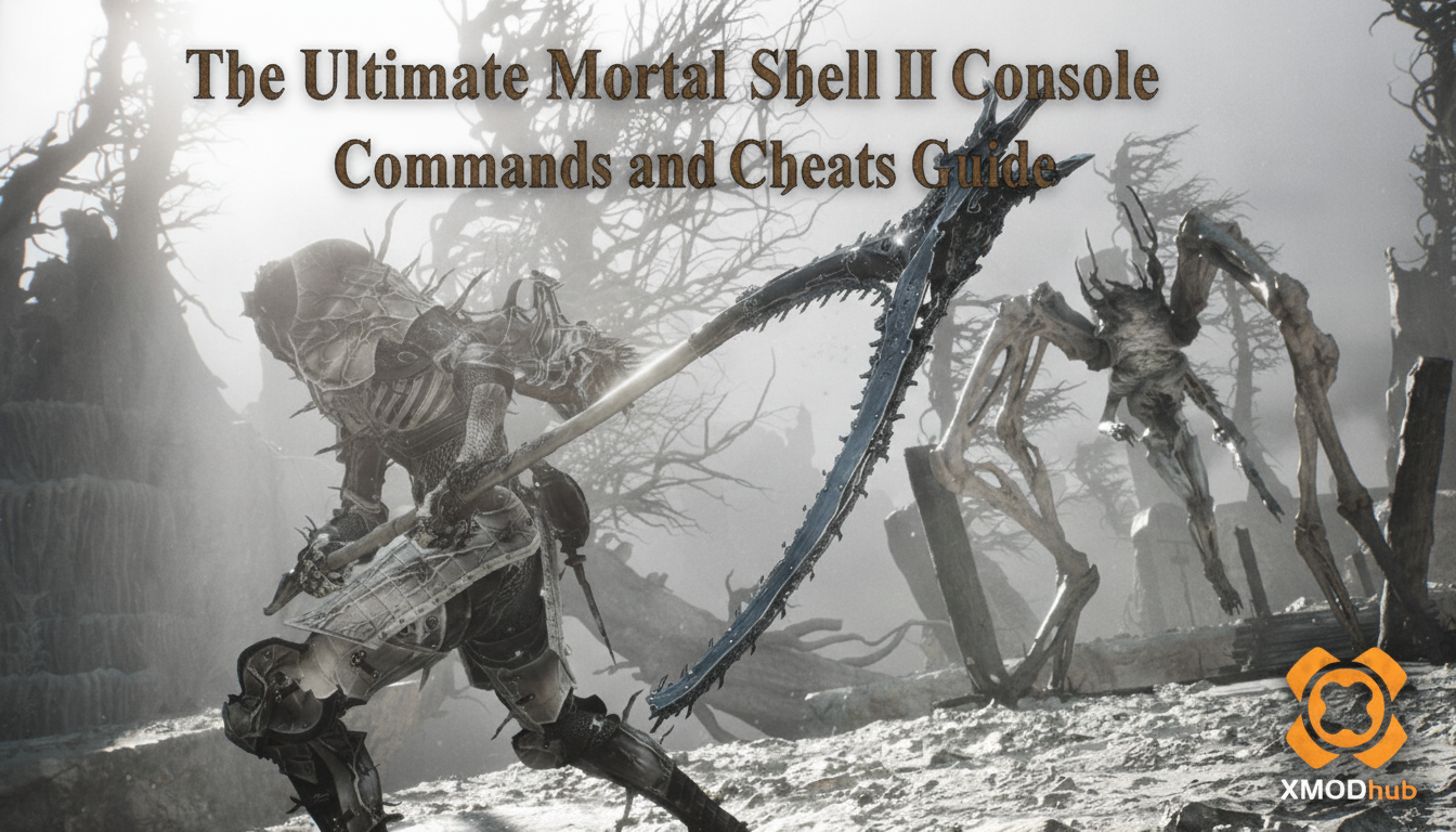 The Ultimate Mortal Shell II console commands and cheats guide thumbnail with XMODhub branding.