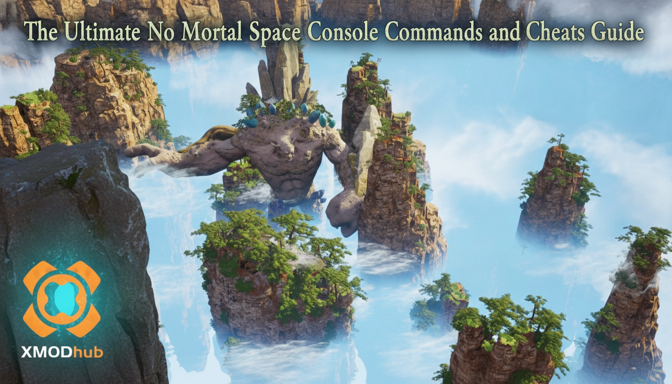 The Ultimate No Mortal Space console commands and cheats guide thumbnail with XMODhub branding.