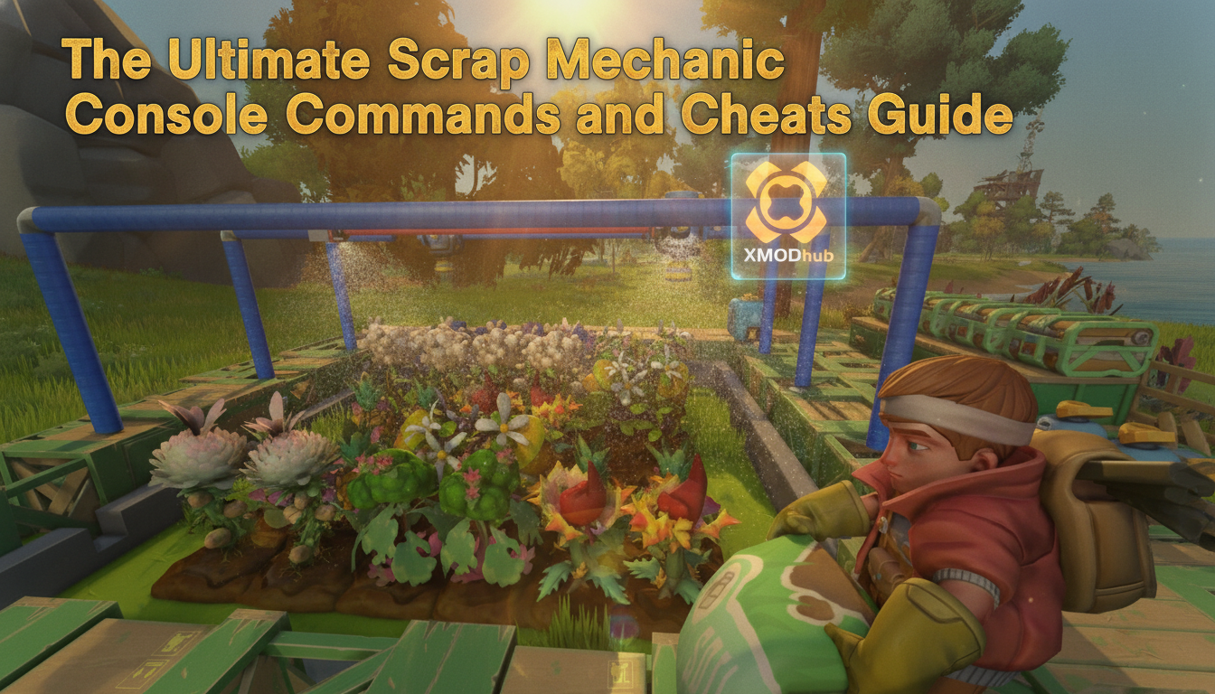 The Ultimate Scrap Mechanic console commands and cheats guide thumbnail with XMODhub branding.
