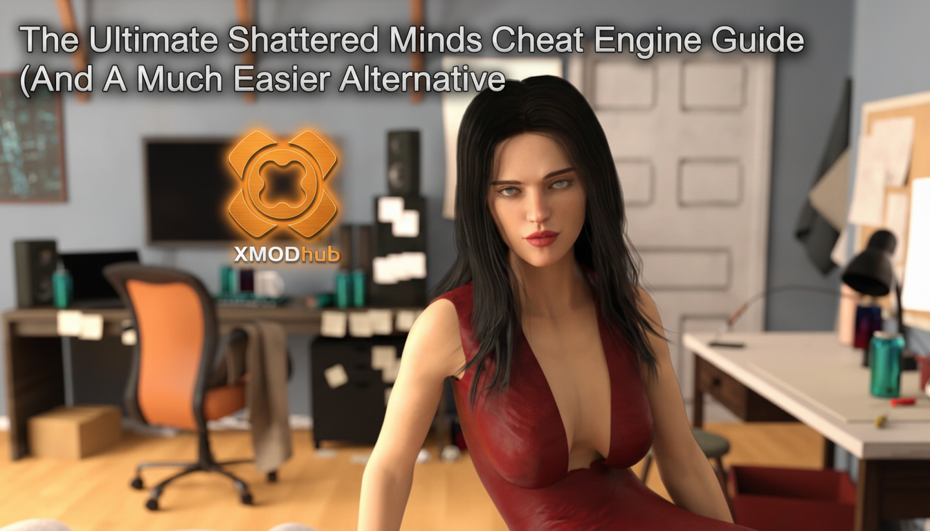 Shattered Minds cheat engine guide thumbnail with XMODhub branding.