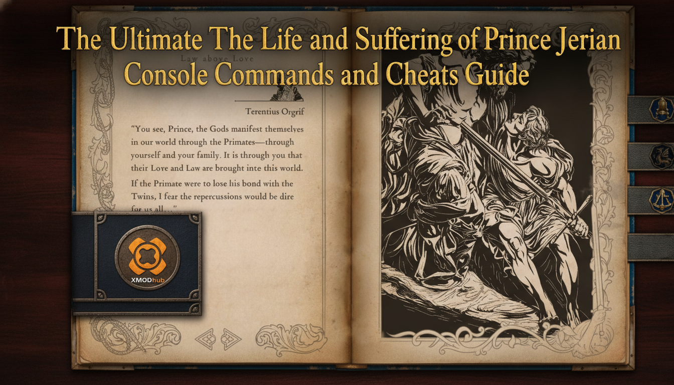 The Life and Suffering of Prince Jerian console commands and cheats guide thumbnail with XMODhub branding.