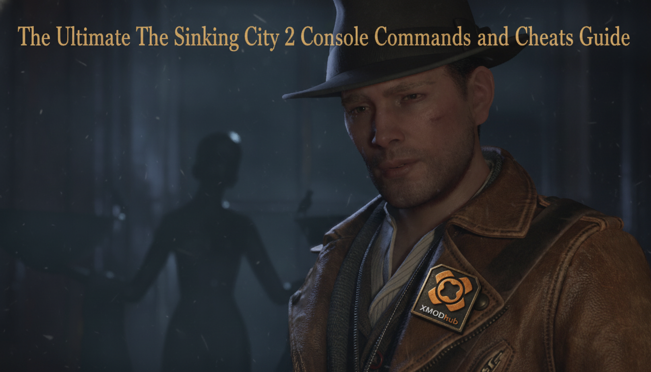 The Ultimate The Sinking City 2 console commands and cheats guide thumbnail with XMODhub branding.