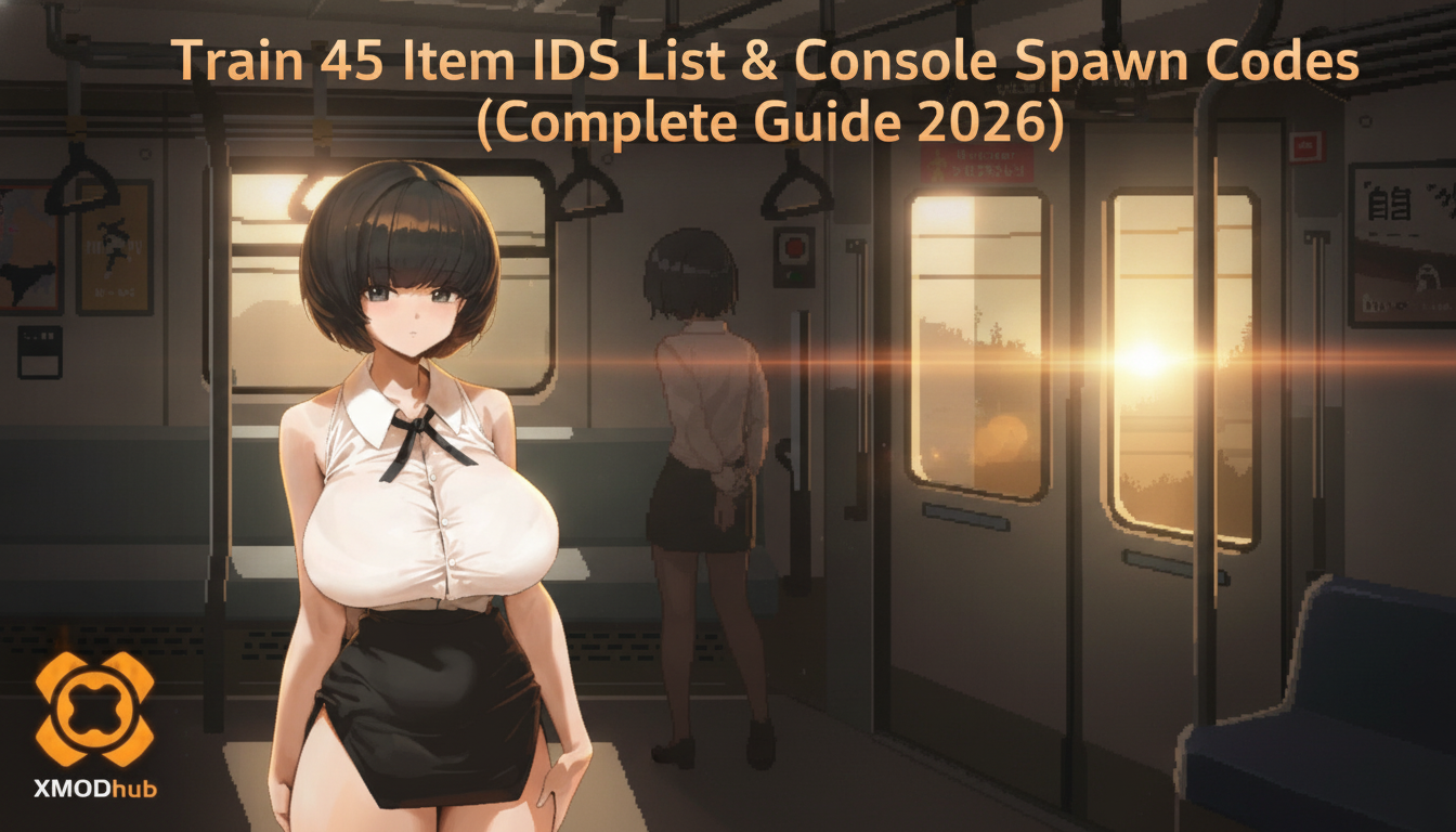 Train 45 item IDs and console spawn codes guide thumbnail with XMODhub branding.