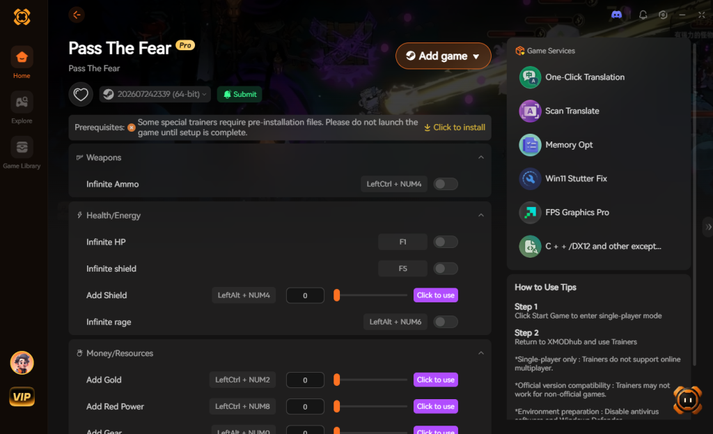 Pass The Fear trainer interface featuring weapons, health/energy, and money/resources options. 