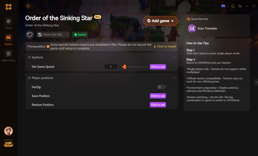 XMODhub Order of the Sinking Star trainer: Game speed control, NoClip, and position save features.