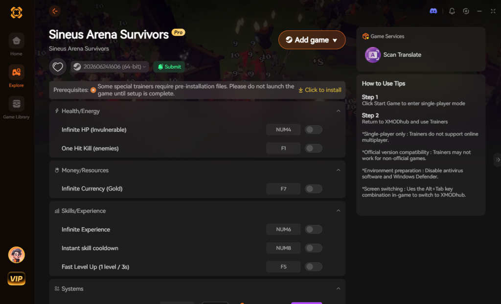 Sineus Arena Survivors game trainer interface featuring options for infinite health, currency, and rapid experience gain.