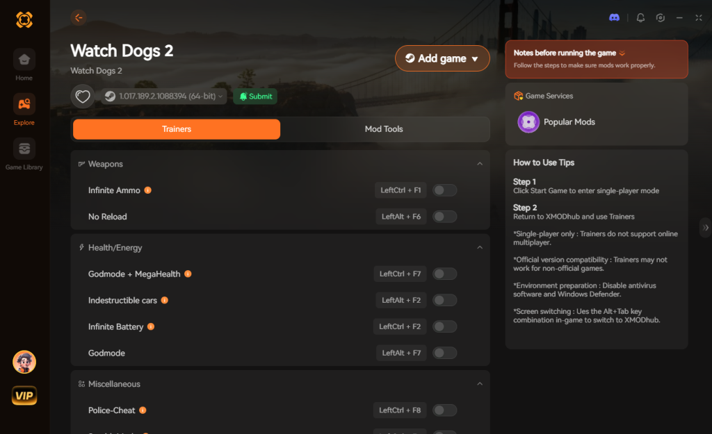 XMODhub Watch Dogs 2 trainer: Infinite ammo, godmode, and mod tool features.
