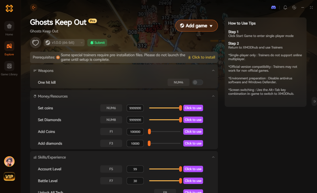 XMODhub Ghosts Keep Out trainer: Set coins, diamonds, and level up with ease.