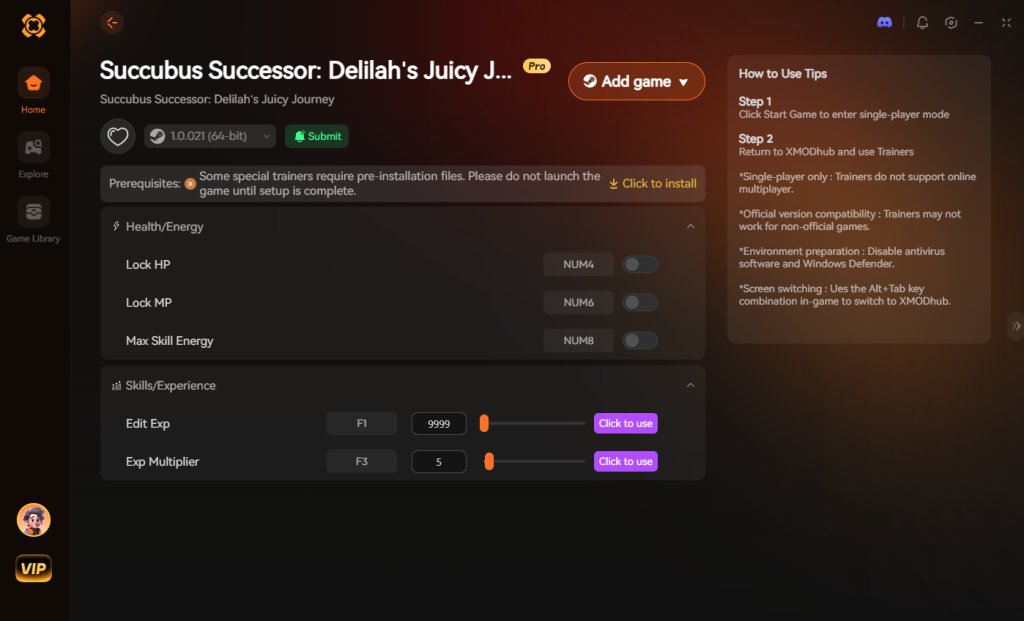 Succubus Successor: Delilah's Juicy Journey game trainer interface showing options for locking HP/MP, setting max skill energy, and editing experience points