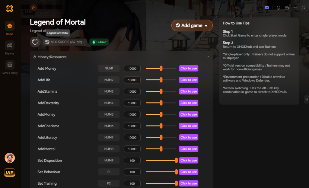 Legend of Mortal trainer interface