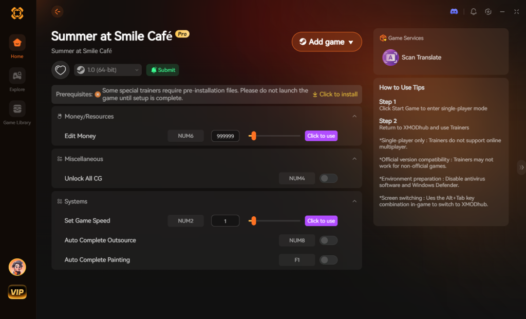 Summer at Smile Café trainer interface