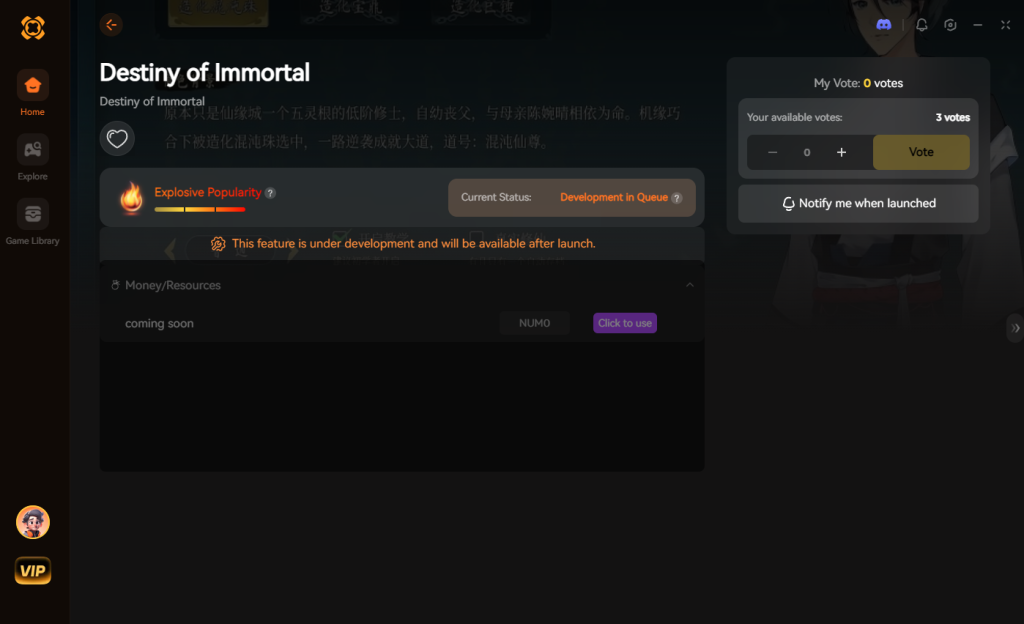 Destiny of Immortal XMODhub interface showing development status and voting options.