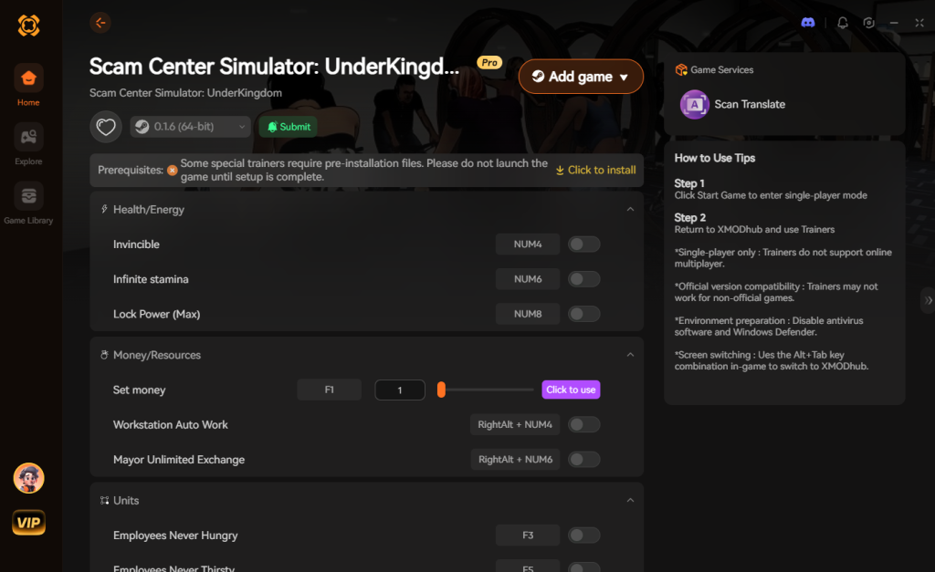 XMODhub trainer interface for Scam Center Simulator: UnderKingdom displaying various health, money, and unit cheats.