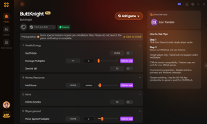 XMODhub trainer interface for ButtKnight, showcasing various game cheats like God Mode, score multipliers, and infinite bombs.