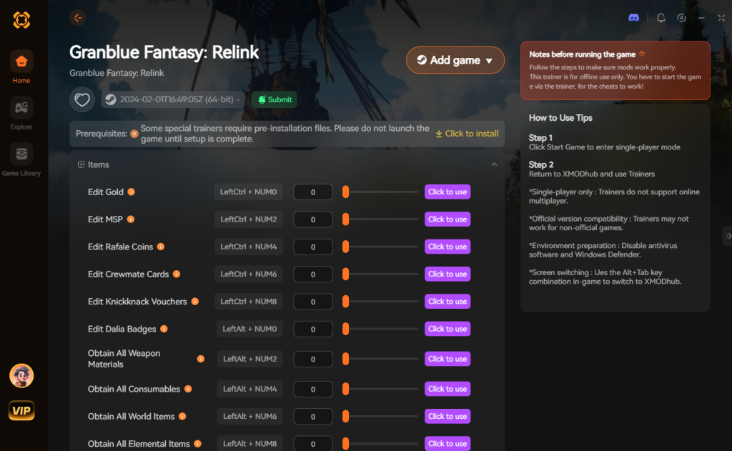 XMODhub trainer interface for Granblue Fantasy: Relink showing various item and currency editing options.