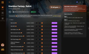 XMODhub trainer interface for Granblue Fantasy: Relink showing various item and currency editing options.