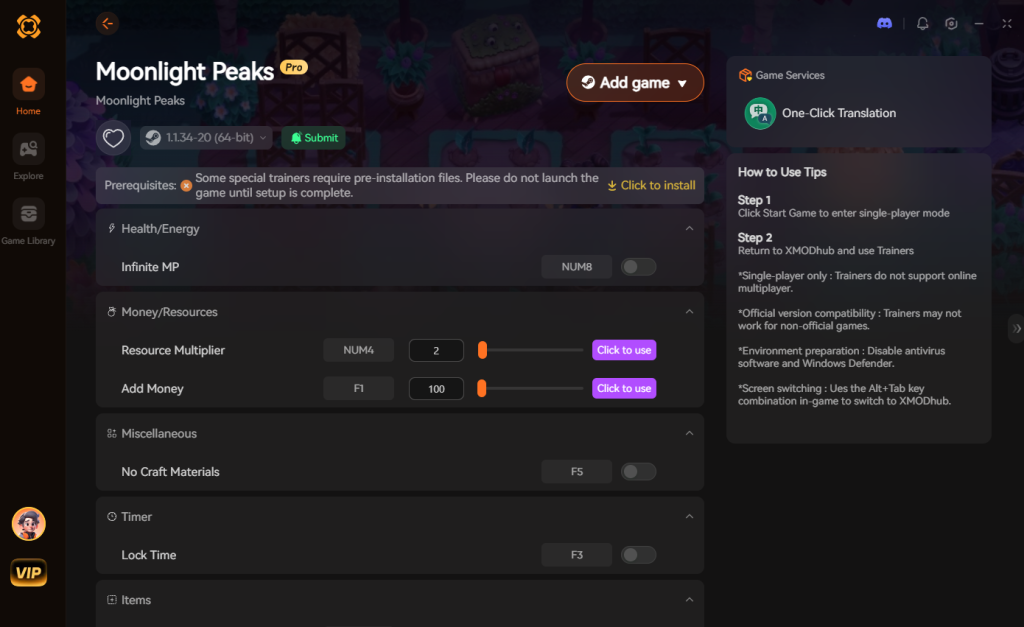 XMODhub trainer interface for Moonlight Peaks, featuring options for Infinite MP, resource multipliers, adding money, no craft materials, and locking the game timer.