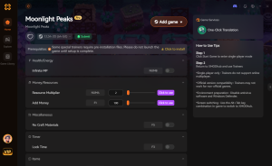 XMODhub trainer interface for Moonlight Peaks, featuring options for Infinite MP, resource multipliers, adding money, no craft materials, and locking the game timer.
