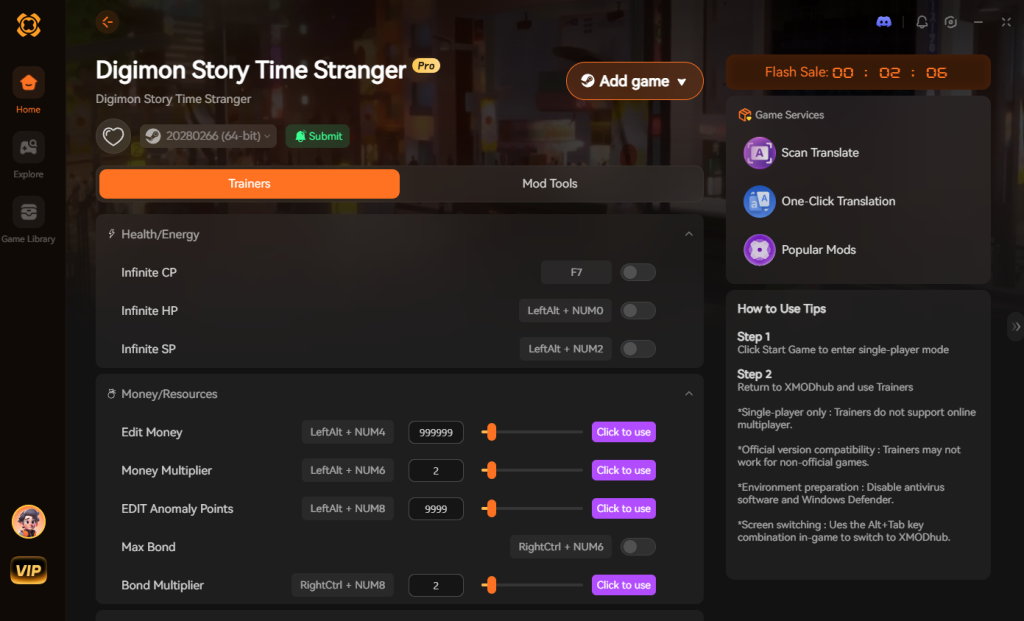 Digimon Story: Time Stranger XMODhub trainer interface showing various health, money, and bond cheats.