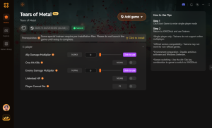 《Tears of Metal》XMODHUB 修改器介面,展示傷害倍率、一擊必殺和無敵作弊功能。
