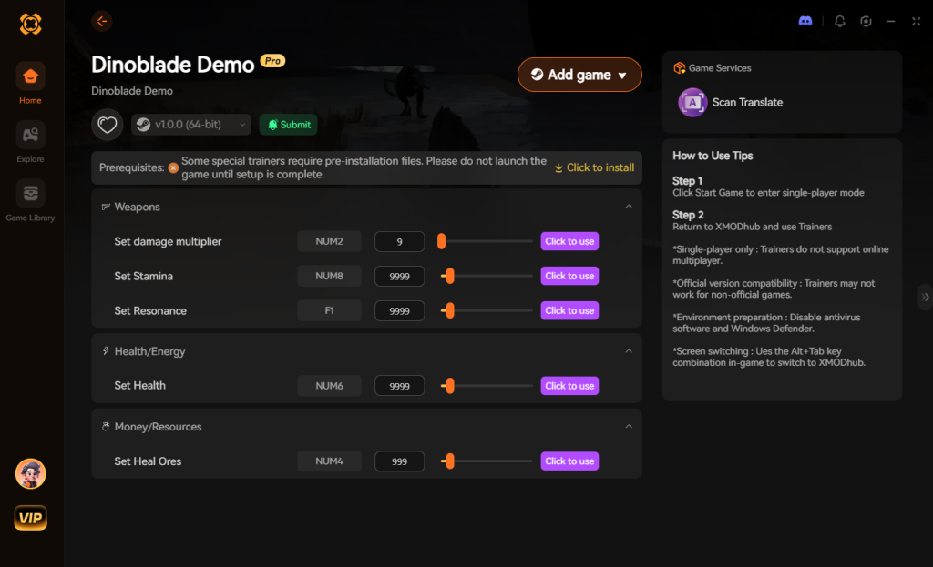 Dinoblade Demo XMODhub trainer interface showing weapon, health, and resource cheat options.