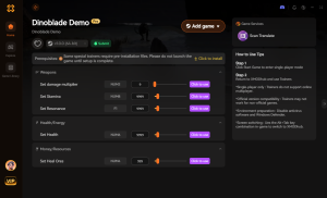 Dinoblade Demo XMODhub trainer interface showing weapon, health, and resource cheat options.