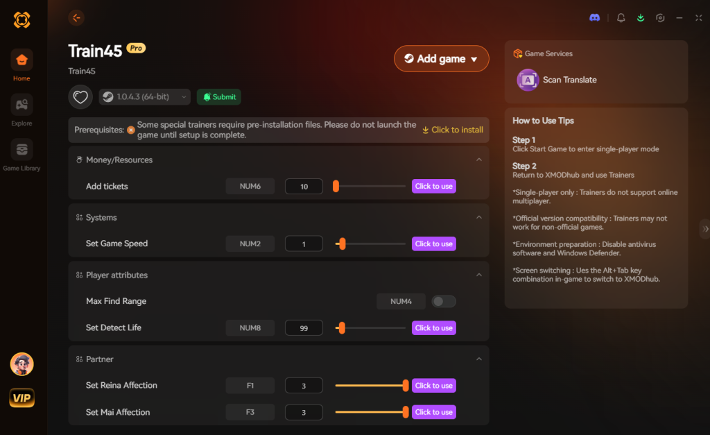Train45 XMODhub trainer interface displaying various modification options for resources, game systems, player attributes, and partner affection.