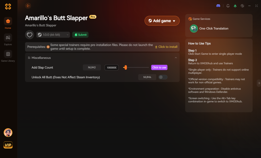Amarillo’s Butt Slapper XMODhub trainer interface featuring miscellaneous options to add to the slap count and unlock all butts.
