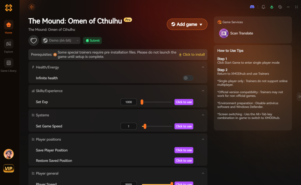 The Mound: Omen of Cthulhu XMODhub trainer interface featuring modifications for health, experience, game speed, player positions, and player general settings.