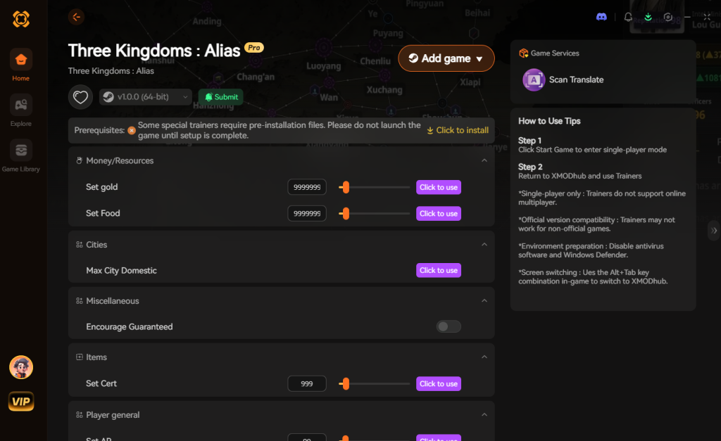 The XMODhub trainer interface for Three Kingdoms: Alias, displaying mod options for resources, cities, and stats.