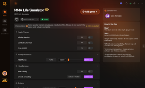 MMA Life Simulator trainer interface with health, money, and miscellaneous options.