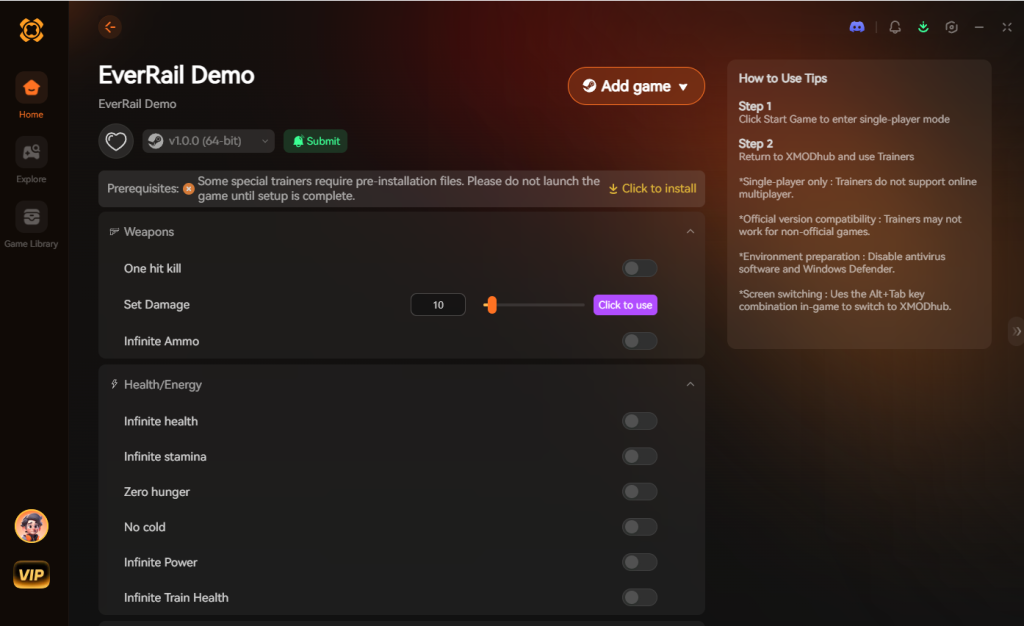 XMODhub desktop client application interface showing trainer options and settings for EverRail Demo.