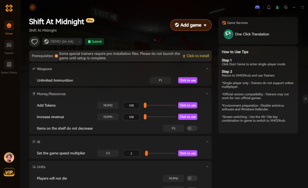 Shift At Midnight trainer interface featuring weapons, money/resources, AI, and units options.