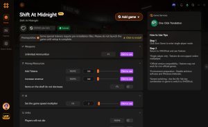 Shift At Midnight trainer interface featuring weapons, money/resources, AI, and units options.