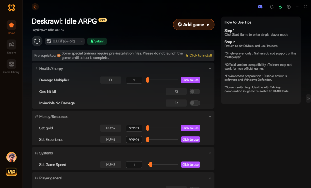 Deskrawl: Idle ARPG trainer interface featuring health/energy, money/resources, systems, and player general options.