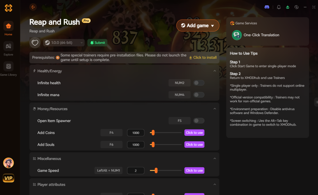 Reap and Rush trainer interface featuring health/energy, money/resources, miscellaneous, and player attributes options.