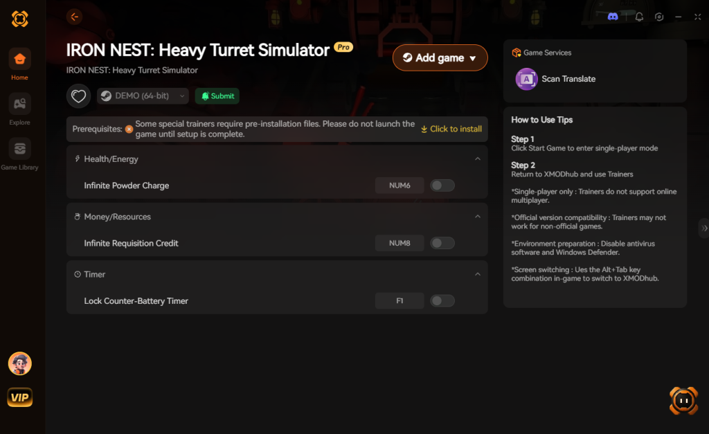 IRON NEST: Heavy Turret Simulator trainer interface featuring health/energy, money/resources, and timer options.