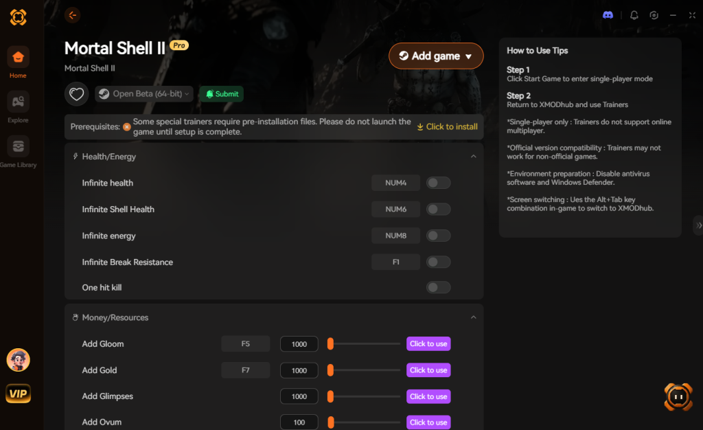 Mortal Shell II trainer interface featuring health/energy and money/resources options.