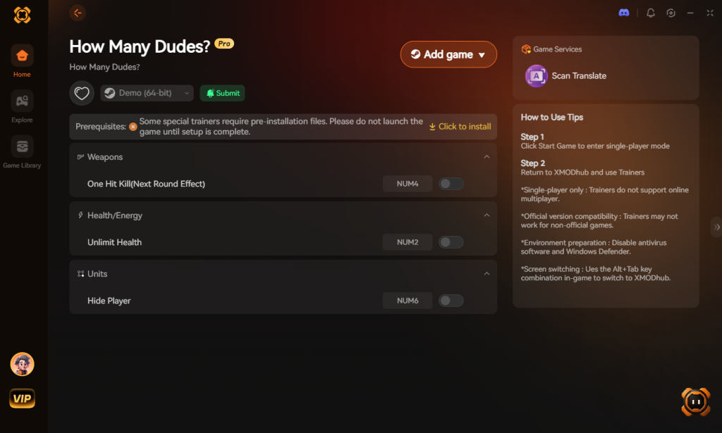 How Many Dudes trainer interface featuring weapons, health/energy, and units options.