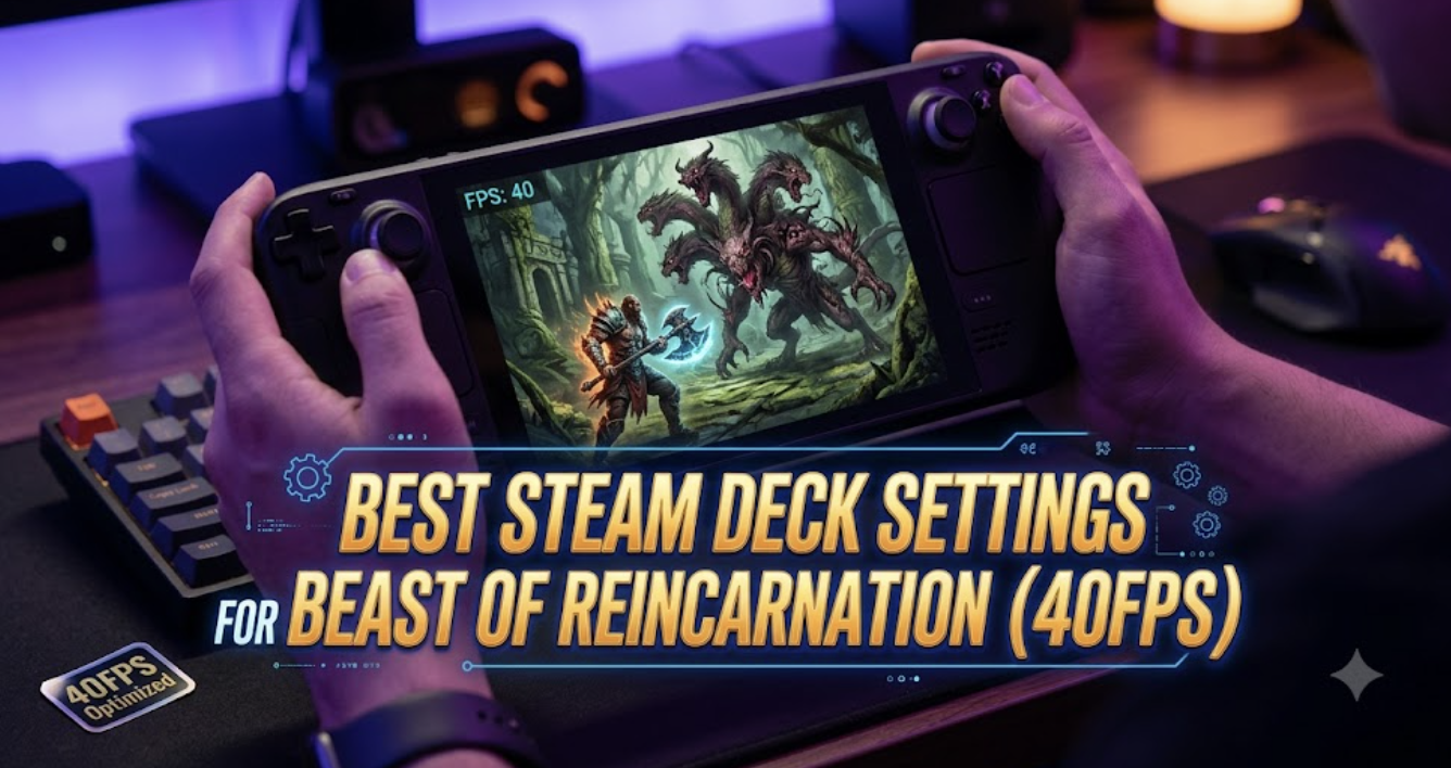 A Steam Deck running "Beast of Reincarnation" (warrior vs multi-headed monster) is held by hands, with a large text overlay below: "BEST STEAM DECK SETTINGS FOR BEAST OF REINCARNATION (40FPS)".