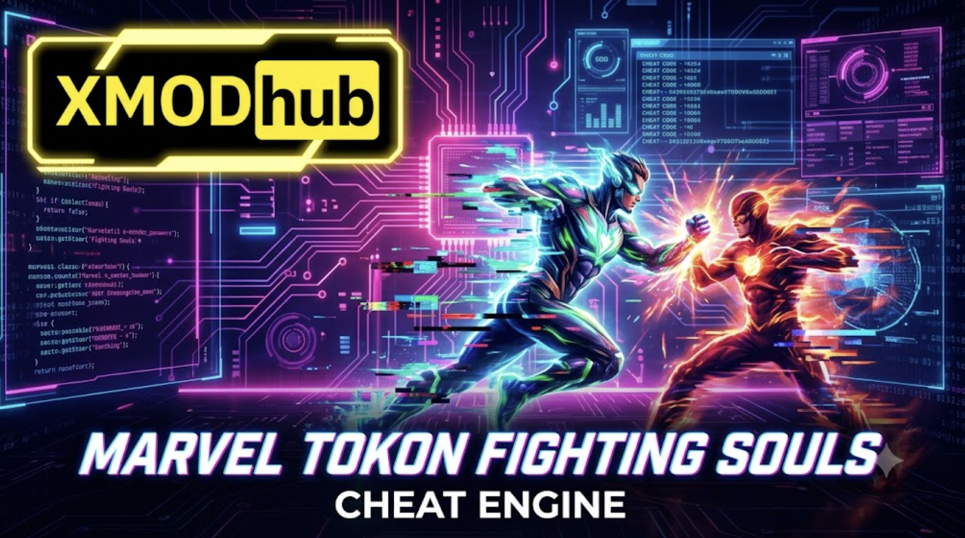 Sci-fi gaming blog cover for MARVEL Tōkon: Fighting Souls cheat engine guide featuring the yellow XMODhub logo