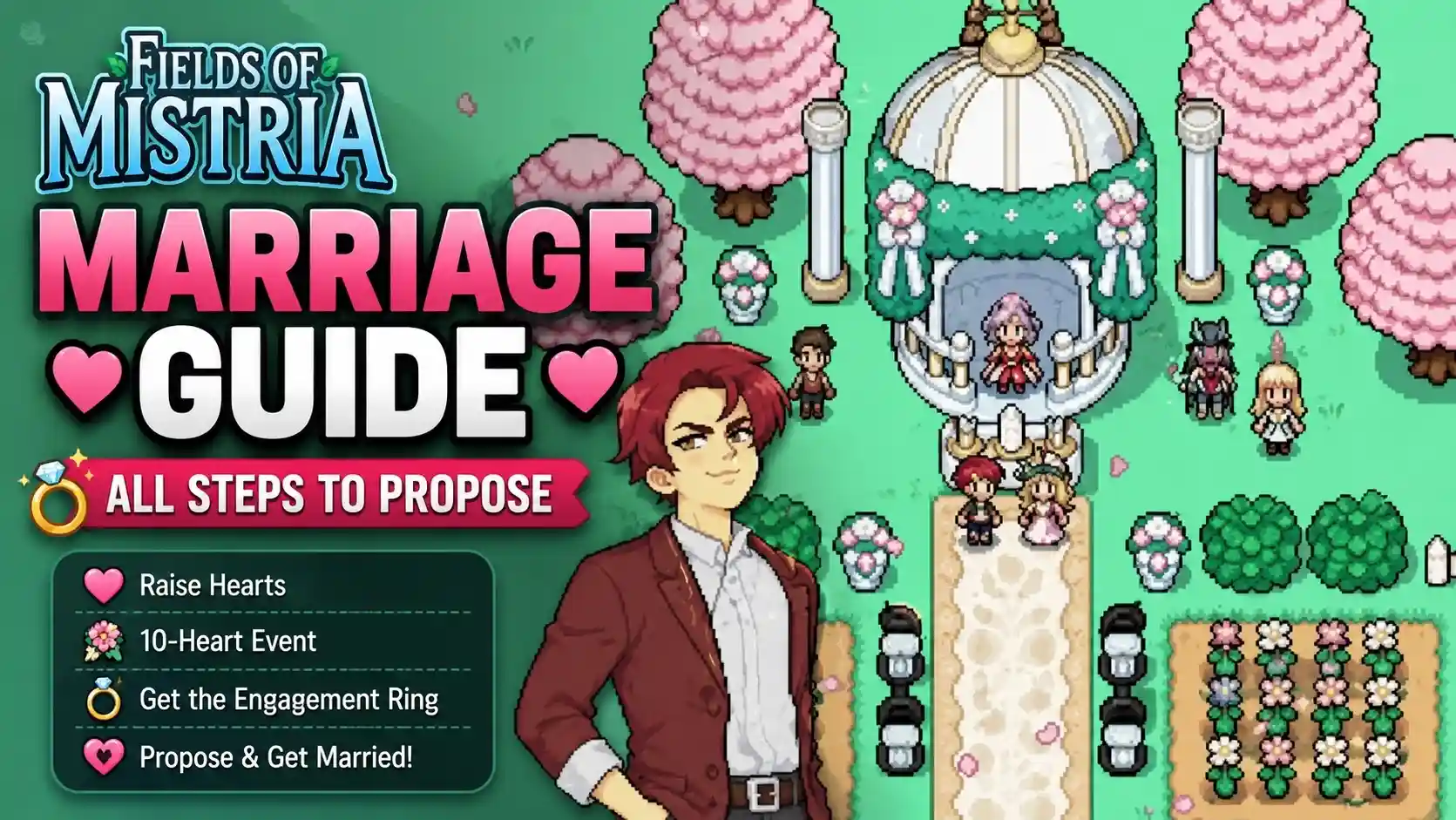 Guia de Casamento de Fields of Mistria: Roupas, Bolo e Flores