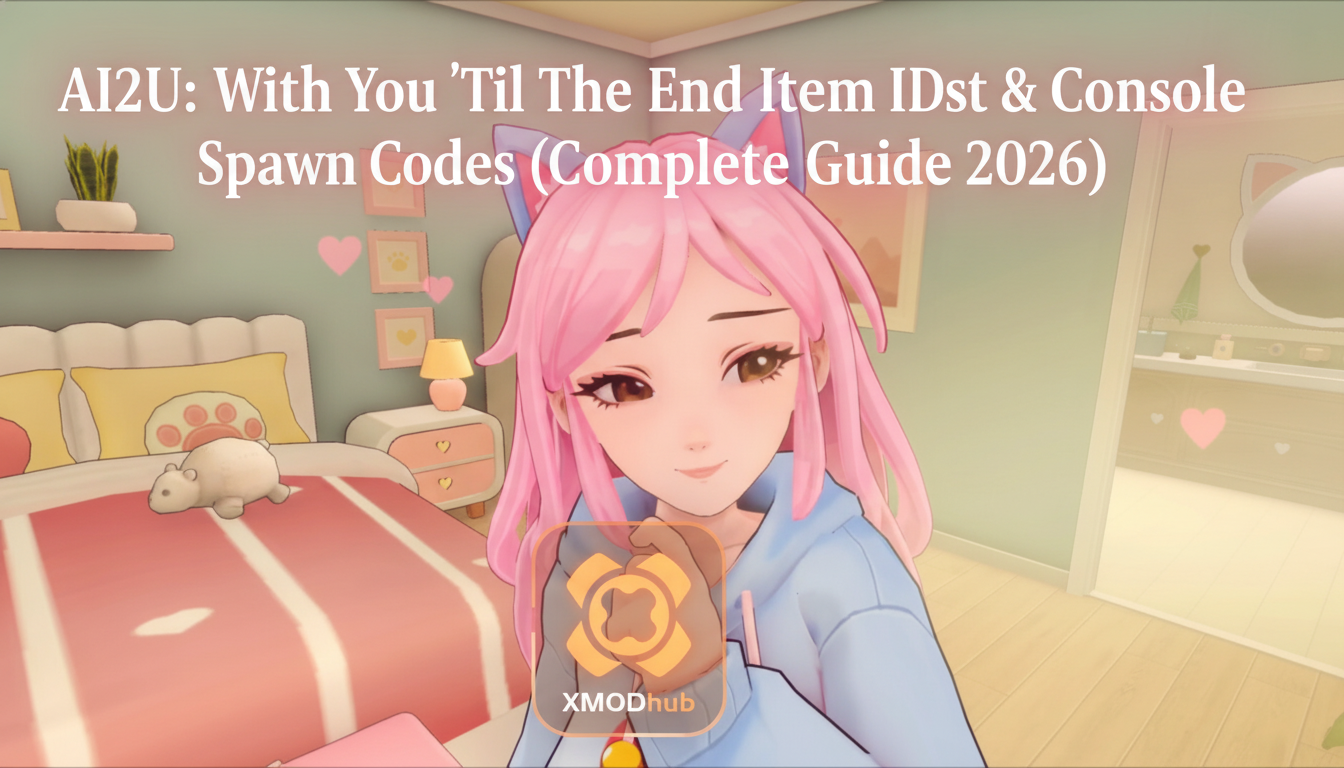 AI2U: With You 'Til The End Item IDst & Console Spawn Codes (Complete Guide 2026) thumbnail featuring XMODhub branding and an anime-style character in a bedroom setting.