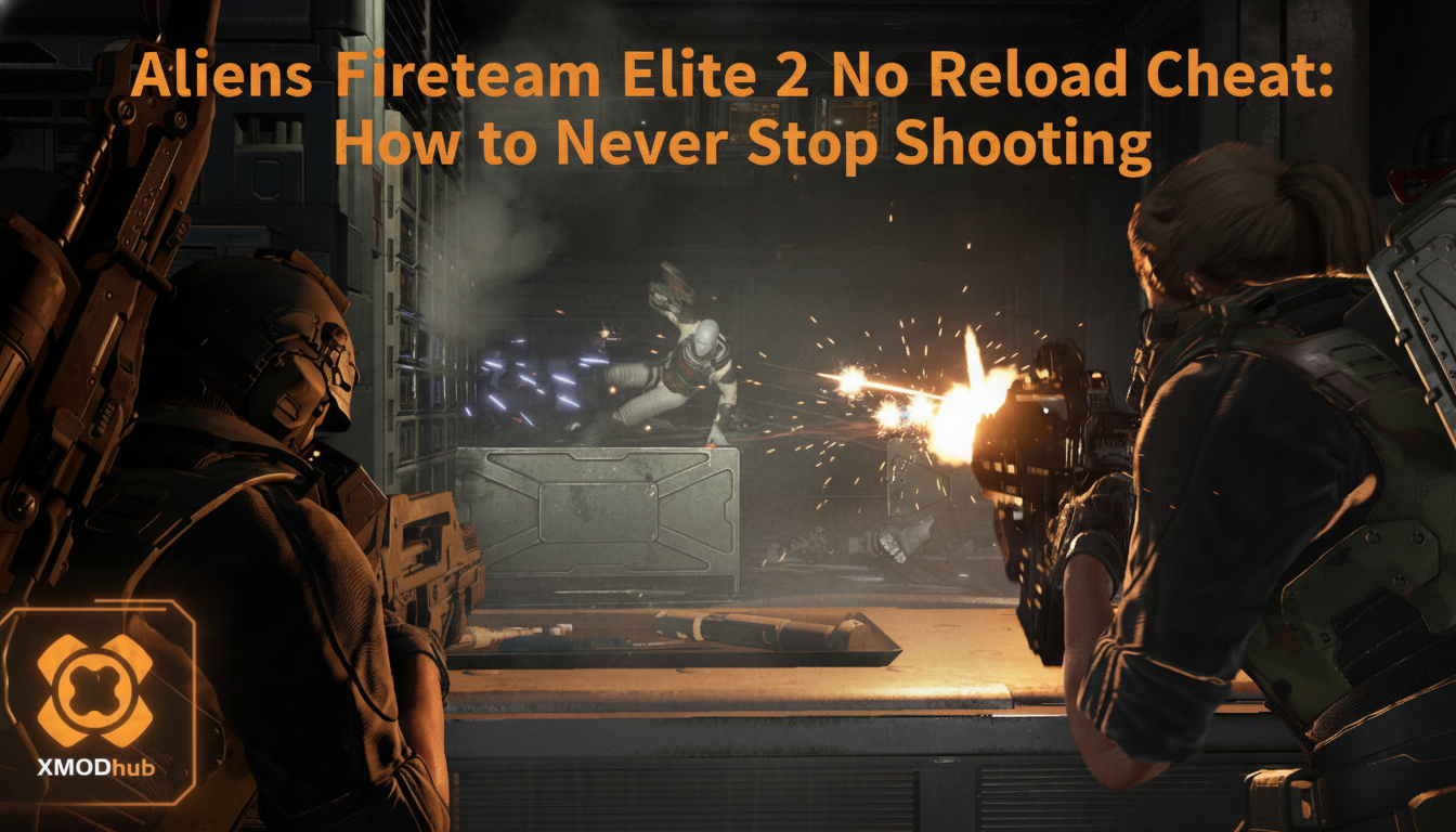 Elite 2 No Reload Cheat: How to Never Stop Shooting thumbnail featuring XMODhub branding in the bottom-left corner and characters firing weapons in an industrial corridor.