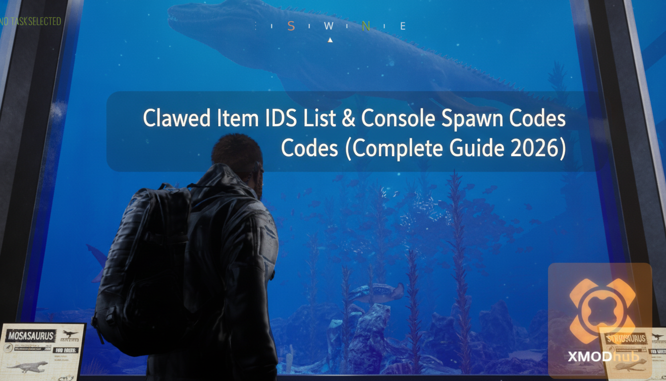Clawed Item IDS List & Console Spawn Codes Codes (Complete Guide 2026) thumbnail featuring XMODhub branding and an aquarium exhibit setting.